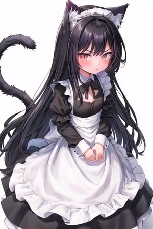 Woman, fluffy cat tail, cat ears, black hair, ((maid suit)), flat chest, standing slim, (empty_background), full body, sullen face, maid, correct hands, five fingers