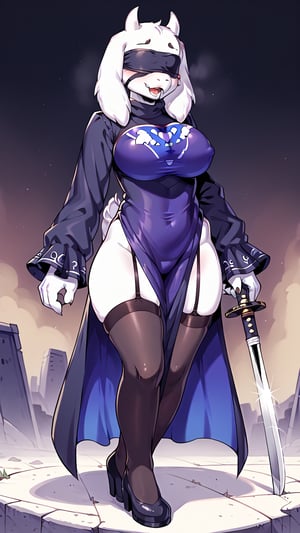 (Full_body_shot:1.0) A detailed and highly stylized illustration of Toriel from Undertale wearing the iconic outfit of 2B from NieR: Automata. She has her characteristic anthropomorphic goat appearance, with white fur and a gentle expression. Toriel is dressed in 2B's black gothic-style dress, including the intricate lace design, thigh-high stockings, and the iconic blindfold mask. The dress has a flowing skirt, detailed with embroidery, and she is holding a sword similar to 2B's. The setting is a dramatic, post-apocalyptic landscape with muted colors, adding contrast to the dark outfit against her white fur.