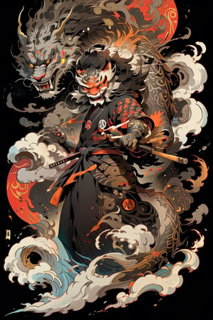 A beautifully drawn (((vintage t-shirt print))), featuring intricate ((retro-inspired typography)) encircling a (((sumi-e ink illustration))) depicting tiger, in a stance holding a katana, ying yang sybol behind the head, integrating elements of Japanese calligraphy  with black back ground
,MeganFox