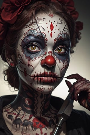 A very terrifying zombie clown head and the background is a terrifying place with tools used to intimidate, intimidate and kill,BloodOnScreen,Sketch,sweetscape,xyzsanart01,Elderly,EpicArt,CatrinaMakeUp
