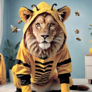 a lion dressed in a bee costume 
,realistic