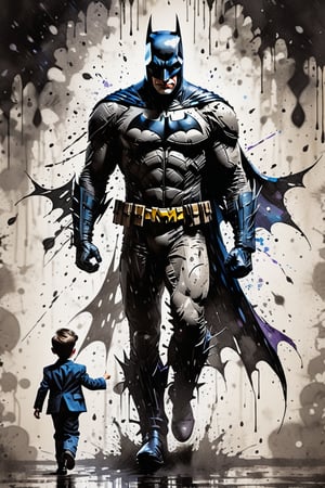 silhouette of comic book batman with the joker walking behind batman,  ink bryshstrokes in background, looking at viewer, walking pose, ink rain, stunning image, digital art, professional style, ((masterpiece quality: 2)), ink droplets, attractive image.,INK,Ink art,more detail XL
