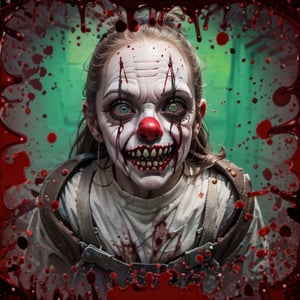 A very terrifying zombie clown head and the background is a terrifying place with tools used to intimidate, intimidate and kill,BloodOnScreen,Sketch,sweetscape,xyzsanart01,Elderly