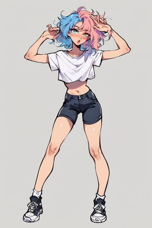 score_9, score_8_up, score_7_up, teen girl, messy hair, multicolored hair, heterochromia eyes, slim waist, short top, short pants, full body, nsfw, only one female,Edwardxl,mellisa