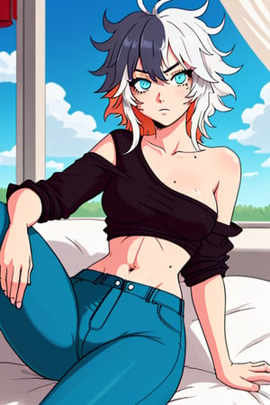 girl, teenager, messy_hair, multicolor_hair, sky_blue_eyes, cartoon, slim_waist, loose_shirt; sexy_pants, relaxing