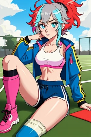 girl, teenager, messy_hair, multicolor_hair, sky_blue_eyes, cartoon, slim_waist, open_jacket, Sports_bra, shorts, boots, thigh_highs, relaxing