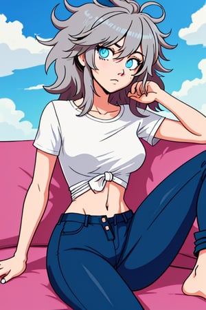 girl, teenager, messy_hair, multicolor_hair, sky_blue_eyes, cartoon, slim_waist, loose_shirt; sexy_pants, relaxing