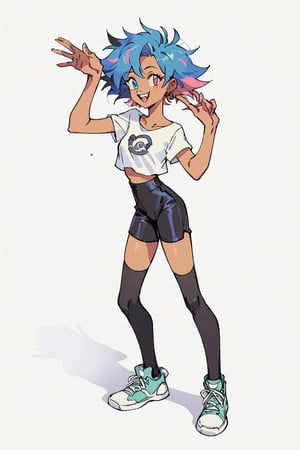 score_9, score_8_up, score_7_up, teen girl, messy hair, multicolored hair, heterochromia eyes, slim waist, short top, short pants, full body, nsfw, hentai, only one female,Edwardxl,mellisa,POKEMONSTYLE