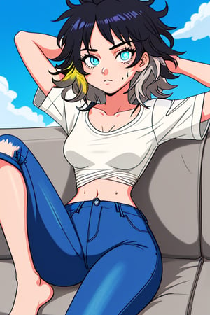 teen girl, messy_hair, multicolor_hair, medium hair, sky_blue_eyes, cartoon, slim_waist, loose_shirt; sexy_pants, relaxing