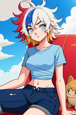 girl, teenager, messy_hair, multicolor_hair, sky_blue_eyes, cartoon, slim_waist, loose_shirt, short_pants, relaxing