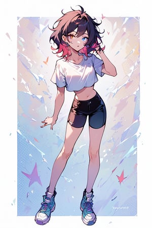 score_9, score_8_up, score_7_up, teen girl, messy hair, multicolored hair, heterochromia eyes, slim waist, short top, short pants, full body, nsfw, only one female,Edwardxl,mellisa,