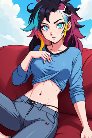 teen girl, messy_hair, multicolor_hair, sky_blue_eyes, cartoon, slim_waist, loose_shirt; sexy_pants, relaxing