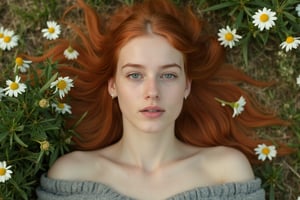 photo, a young woman with red hair laying inside a flower field 