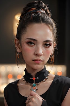 an asian model with very colorful hairstyle, in the style of frida kahlo, light black and orange, floral accents, bella kotak, marina abramović, focus on joints/connections, baroque-inspired chiaroscuro 