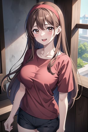 (8k, RAW photo), (highly detailed:1.2), 1girl, solo, long hair, breasts, looking at viewer, blush, bangs, smile, :d, brown hair, shirt, brown eyes, jewelry, shorts, black shorts, red shirt, blue hairband, large breasts, open_mouth, A close up of the person, ulzzang, ((looking at viewer)), Serene and goddess-like