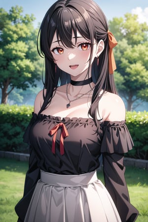 (8k, RAW photo), (highly detailed:1.2), 1girl, solo, long hair, breasts, looking at viewer, blush, bangs, smile, :d, skirt, black shirt, black hair, ribbon, cleavage, bare shoulders, jewelry, collarbone, hair ribbon, earrings, outdoors, choker, necklace, off shoulder, blurry, orange eyes, black shirt, red skirt, black choker, (upper body), large breasts, open_mouth, A close up of the person, ulzzang, ((looking at viewer)), Serene and goddess-like