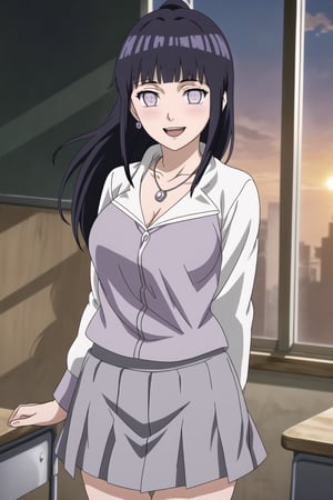 1girl, solo, long hair, breasts, looking at viewer, blush, bangs, smile, :d, skirt, shirt, black hair, long sleeves, cleavage, jewelry, standing, cowboy shot, purple eyes, white shirt, ponytail, sidelocks, earrings, indoors, blunt bangs, black skirt, necklace, window, arms behind back, sunlight, white eyes, hyuuga hinata, cowboy shot, large breasts, open_mouth, classroom, window, sunset