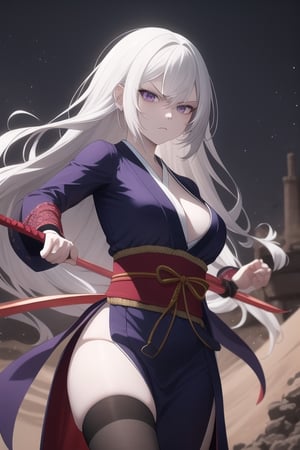 A woman, adult body, long white hair, purple eyes, pale skin, colored lights, corrupted aura, angry face, Japanese woman fighting costume, fighting pose, holding a magic weapon, desert background, Enchanting Seal