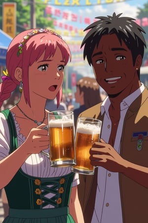 "A close-up of a woman cosplaying at Oktoberfest, her vibrant pink hair styled in playful braids with colorful ribbons woven through. She’s dressed in a traditional dirndl, featuring a fitted bodice and a floral-embroidered skirt, with festive patterns reflecting the Oktoberfest spirit. She holds up a large beer stein, clinking it with a smiling Black man beside her, who is also raising his stein in a celebratory toast. He’s wearing a casual, festival-themed outfit with hints of traditional Bavarian style. The background features the lively atmosphere of Oktoberfest, with colorful decorations, music, and crowds enjoying the festivities. Their expressions are joyful and full of energy, perfectly capturing the fun and excitement of the celebration."