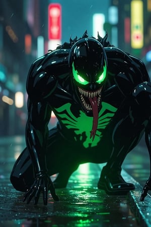 A close-up shot of Venom's gruesome face, with eerie green glow illuminating his features. The camera captures the symbiote's jagged edges and razor-sharp teeth, as he lets out a menacing hiss. The dark and gritty cityscape serves as the backdrop, with neon lights reflecting off his scaly skin. Venom's pose is menacing, with one hand grasping the pavement and the other flexed, ready to strike.