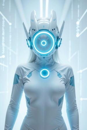 A sleek, minimalistic cosplay helmet with a smooth, streamlined design, featuring a matte white and light blue color scheme. The helmet has a soft blue LED ring at its center with a simple, circular symbol inside, surrounded by additional white and pale blue lights. The side components of the helmet are smooth, with minimal detailing. The figure is wearing a form-fitting, high-tech white bodysuit with subtle blue accents. She is standing in front of a clean, white and light blue hacker-themed background, filled with abstract code, simple digital lines, and soft glowing lights. The helmet's lights cast soft blue and white hues, merging with the minimalistic atmosphere.