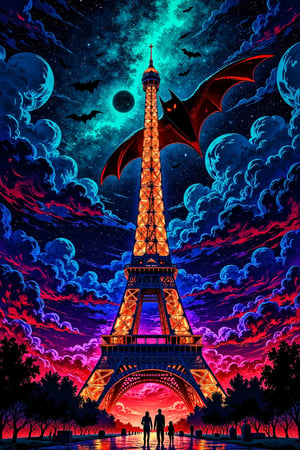 A futuristic vision: a sleek Batwing, glowing with vibrant neon lights, soars through the iconic Eiffel Tower's iron latticework, its majestic 1000-foot wingspan spanning the tower's grandeur. The night sky twinkles above, while the City of Light's romance is bathed in an otherworldly glow.,illustration night halloween theme