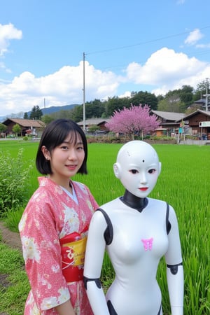 A young Japanese woman in a colorful kimono is taking a selfie with a sleek humanoid robot beside her. They stand in front of a picturesque traditional village, featuring wooden houses with thatched roofs, surrounded by blooming cherry blossoms and lush green rice fields. The robot, with glowing accents, leans in slightly to fit in the frame, while the woman’s bright and joyful smile captures the moment. The sky is clear with a few fluffy clouds, enhancing the serene and cultural atmosphere of the scene as they pose together.