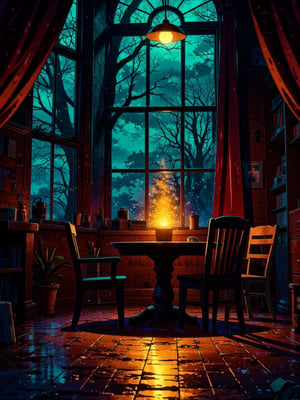 A warm and inviting scene: a solitary candle placed on a weathered wooden table, surrounded by the soft glow of twinkling stars outside a rustic windowpane. The flame's gentle dance casts a golden light upon the worn wooden floorboards, while the scent of melting wax wafts up, filling the air with cozy tranquility.,illustration night halloween theme