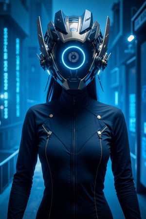 A realistic cosplay helmet with a sleek, aerodynamic design, featuring a matte black and gunmetal color scheme. The helmet has a glowing blue LED ring at its center with a circular symbol inside, surrounded by additional white and light blue lights. The side components of the helmet resemble advanced sensory equipment or communication units, crafted with precise, metallic detailing. The figure is wearing a form-fitting, high-tech dark navy bodysuit designed for a woman, with subtle gold accents along the seams. She is standing in front of a blue, hacker-themed background, filled with code, digital patterns, and glowing data streams. The helmet's lights cast soft blue and white hues, blending with the cybernetic atmosphere of the scene,cybernatichelmet,cyberhelmet