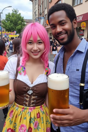 "A close-up of a woman cosplaying at Oktoberfest, her vibrant pink hair styled in playful braids with colorful ribbons woven through. She’s dressed in a traditional dirndl, featuring a fitted bodice and a floral-embroidered skirt, with festive patterns reflecting the Oktoberfest spirit. She holds up a large beer stein, clinking it with a smiling Black man beside her, who is also raising his stein in a celebratory toast. He’s wearing a casual, festival-themed outfit with hints of traditional Bavarian style. The background features the lively atmosphere of Oktoberfest, with colorful decorations, music, and crowds enjoying the festivities. Their expressions are joyful and full of energy, perfectly capturing the fun and excitement of the celebration."