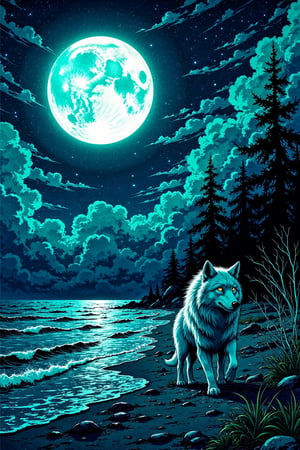 A serene coastal scene under the radiant glow of a full moon. A lone wolf, its fur a mesmerizing silver in the lunar light, pads along the shoreline, the waves gently lapping at its paws. The sky above is a deep shade of indigo, with the full moon hanging low and large, casting an ethereal spell over the beach.,illustration night halloween theme