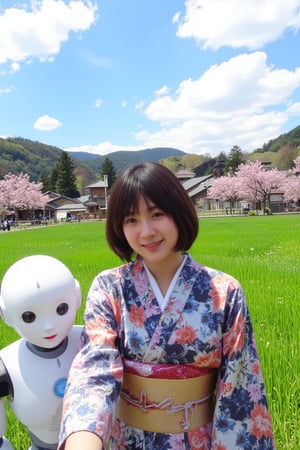 A young Japanese woman in a colorful kimono is taking a selfie with a sleek humanoid robot beside her. They stand in front of a picturesque traditional village, featuring wooden houses with thatched roofs, surrounded by blooming cherry blossoms and lush green rice fields. The robot, with glowing accents, leans in slightly to fit in the frame, while the woman’s bright and joyful smile captures the moment. The sky is clear with a few fluffy clouds, enhancing the serene and cultural atmosphere of the scene as they pose together.