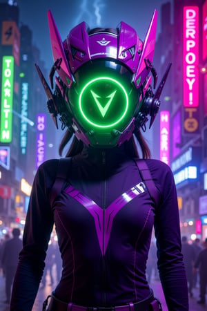 A bold, neon-styled cosplay helmet with a futuristic, edgy design, featuring a shiny purple and neon green color scheme. The helmet has a glowing neon green LED ring at its center with a sharp, angular symbol inside, surrounded by additional neon green and purple lights. The side components of the helmet are jagged, resembling advanced cybernetic implants. The figure is wearing a tight, high-tech dark purple bodysuit with neon green highlights. She is standing in front of a vibrant, neon hacker-themed background, filled with dynamic code, neon light streaks, and electrifying digital effects. The helmet's lights cast vivid neon green and purple hues, blending with the cyberpunk atmosphere.