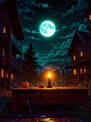 A warm and inviting scene: a solitary candle placed on a weathered wooden table, surrounded by the soft glow of twinkling stars outside a rustic windowpane. The flame's gentle dance casts a golden light upon the worn wooden floorboards, while the scent of melting wax wafts up, filling the air with cozy tranquility.,illustration night halloween theme