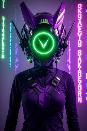 A bold, neon-styled cosplay helmet with a futuristic, edgy design, featuring a shiny purple and neon green color scheme. The helmet has a glowing neon green LED ring at its center with a sharp, angular symbol inside, surrounded by additional neon green and purple lights. The side components of the helmet are jagged, resembling advanced cybernetic implants. The figure is wearing a tight, high-tech dark purple bodysuit with neon green highlights. She is standing in front of a vibrant, neon hacker-themed background, filled with dynamic code, neon light streaks, and electrifying digital effects. The helmet's lights cast vivid neon green and purple hues, blending with the cyberpunk atmosphere.