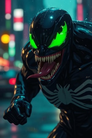 A close-up shot of Venom's gruesome face, with eerie green glow illuminating his features. The camera captures the symbiote's jagged edges and razor-sharp teeth, as he lets out a menacing hiss. The dark and gritty cityscape serves as the backdrop, with neon lights reflecting off his scaly skin. Venom's pose is menacing, with one hand grasping the pavement and the other flexed, ready to strike.