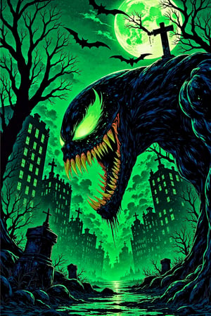 A close-up shot of Venom's gruesome face, with eerie green glow illuminating his features. The camera captures the symbiote's jagged edges and razor-sharp teeth, as he lets out a menacing hiss. The dark and gritty cityscape serves as the backdrop, with neon lights reflecting off his scaly skin. Venom's pose is menacing, with one hand grasping the pavement and the other flexed, ready to strike.,illustration night halloween theme