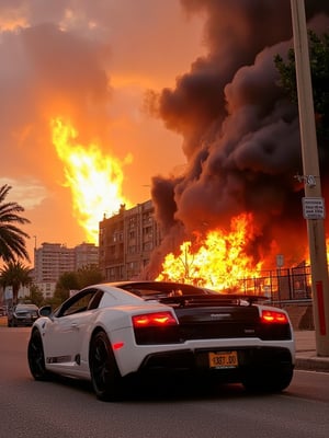 "A chaotic, apocalyptic scene of Armageddon, with massive meteors crashing into a burning city. The sky is filled with fiery orange and red hues, as enormous fireballs descend from the heavens, leaving trails of smoke and destruction in their wake. The city below is in ruins, with buildings crumbling and engulfed in flames, while thick, black smoke rises, choking the "A dramatic scene of a meteor crashing into a sleek Lamborghini parked on an empty street. The fiery meteor descends from the sky, trailing flames and smoke as it impacts the luxury car, shattering the windshield and crushing the metallic body in an explosion of fire and debris. The Lamborghini’s once pristine surface is now twisted and scorched, with pieces of glass and metal flying through the air. Flames engulf the wreckage, and thick black smoke rises into the sky, blending with the fiery meteor trail above. The ground around the car is cracked and scorched from the impact, creating a scene of destruction and chaos in the midst of the city."