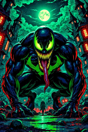 A close-up shot of Venom's gruesome face, with eerie green glow illuminating his features. The camera captures the symbiote's jagged edges and razor-sharp teeth, as he lets out a menacing hiss. The dark and gritty cityscape serves as the backdrop, with neon lights reflecting off his scaly skin. Venom's pose is menacing, with one hand grasping the pavement and the other flexed, ready to strike.,illustration night halloween theme