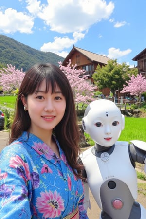 A young Japanese woman in a colorful kimono is taking a selfie with a sleek humanoid robot beside her. They stand in front of a picturesque traditional village, featuring wooden houses with thatched roofs, surrounded by blooming cherry blossoms and lush green rice fields. The robot, with glowing accents, leans in slightly to fit in the frame, while the woman’s bright and joyful smile captures the moment. The sky is clear with a few fluffy clouds, enhancing the serene and cultural atmosphere of the scene as they pose together.