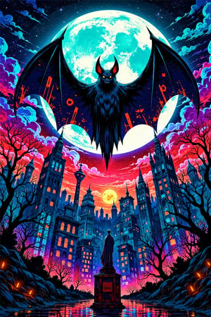 A towering bat with iridescent wingspan of approximately 1000 feet soars above a dystopian, neon-lit metropolis. The cityscape stretches out in a kaleidoscope of colors, with towering skyscrapers and holographic advertisements casting a futuristic glow. In the foreground, a lone figure stands atop a rusted water tower, gazing up at the bat's majestic silhouette as it dominates the urban landscape.,illustration night halloween theme