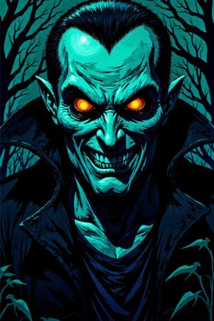 A hauntingly lit close-up captures the pale, gaunt features of a vampire's face, his piercing eyes gleaming with an otherworldly intensity as he gazes straight into the camera. The dark, angular contours of his cheeks and nose seem to draw in the light, casting eerie shadows on his skin.,illustration night halloween theme