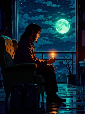 A serene evening scene: a woman sits contemplatively on a plush armchair, her back to the warm glow of a single flickering candle. The soft light dances across her face, highlighting the gentle curve of her nose and the subtle smile playing on her lips. Her hands cradle the candle, as if seeking comfort in its gentle flame.,illustration night halloween theme