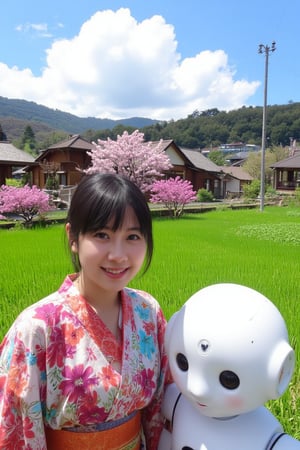 A young Japanese woman in a colorful kimono is taking a selfie with a sleek humanoid robot beside her. They stand in front of a picturesque traditional village, featuring wooden houses with thatched roofs, surrounded by blooming cherry blossoms and lush green rice fields. The robot, with glowing accents, leans in slightly to fit in the frame, while the woman’s bright and joyful smile captures the moment. The sky is clear with a few fluffy clouds, enhancing the serene and cultural atmosphere of the scene as they pose together.