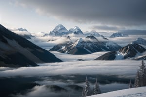 Mountain while winter, landscape, majestic, foggy, misty, blue vibes, eerie, realism, realistic, ((masterpiece))