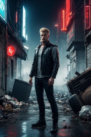 A portrait of bearded man, blue eyes, blonde hair with crew cut hairstyle, muscular, ex military, vest jacket, stand in natural stance at the dump city, junk, science fiction, neon lights, screens, cyberpunk, misty, foggy, windy, photorealistic, masterpiece, cinematic, best quality, high resolution