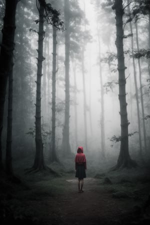 An Indonesian girl in the red hood standing alone at the deep dark forest with ancient towering trees in mysterious atmosphere, eerie, misty, foggy, depth of field, bokeh, cinematic, masterpiece, best quality, high resolution