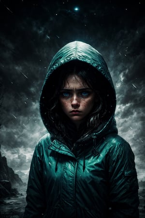 A beautiful evil woman, symmetrical light blue eyes, dark hair, small nose, freckles wearing a parka, lonely, sad, upset, emotional, artistic, digital art, high details, HQ, award winning photography, depth of field, cinematic, (highly detailed), photorealism, HDR 4K, cinematic film still, masterpiece