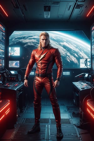 A full body portrait of Flash Gordon, blue eyes, blonde hair, muscular, red outfit, stand in natural stance at the Futuristic room, science fiction, neon lights, screens, inside a spaceship, space outside, planets, photorealistic, masterpiece, cinematic, best quality, high resolution