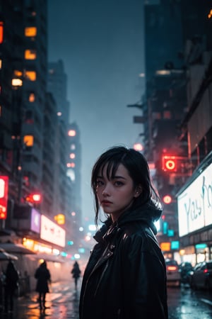 A portrait of young woman standing in the street, cyberpunk city, street vendor, neon lights, blue hour, misty, foggy, rainy, wide angle shot, shallow depth-of-field, bokeh, cinematic, masterpiece, best quality, high resolution